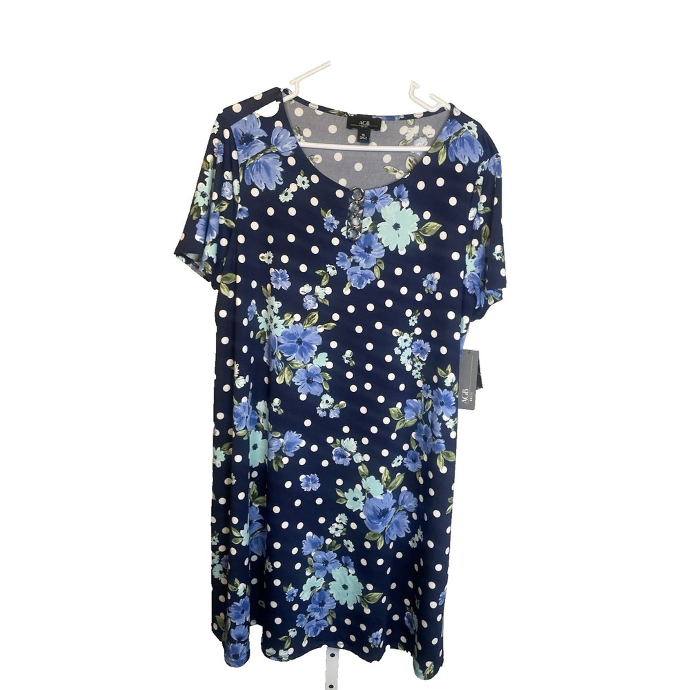 NEW AGB Floral Dress XL Navy Blue Polka Dots Easter Spring‎ Stretchy Comfort